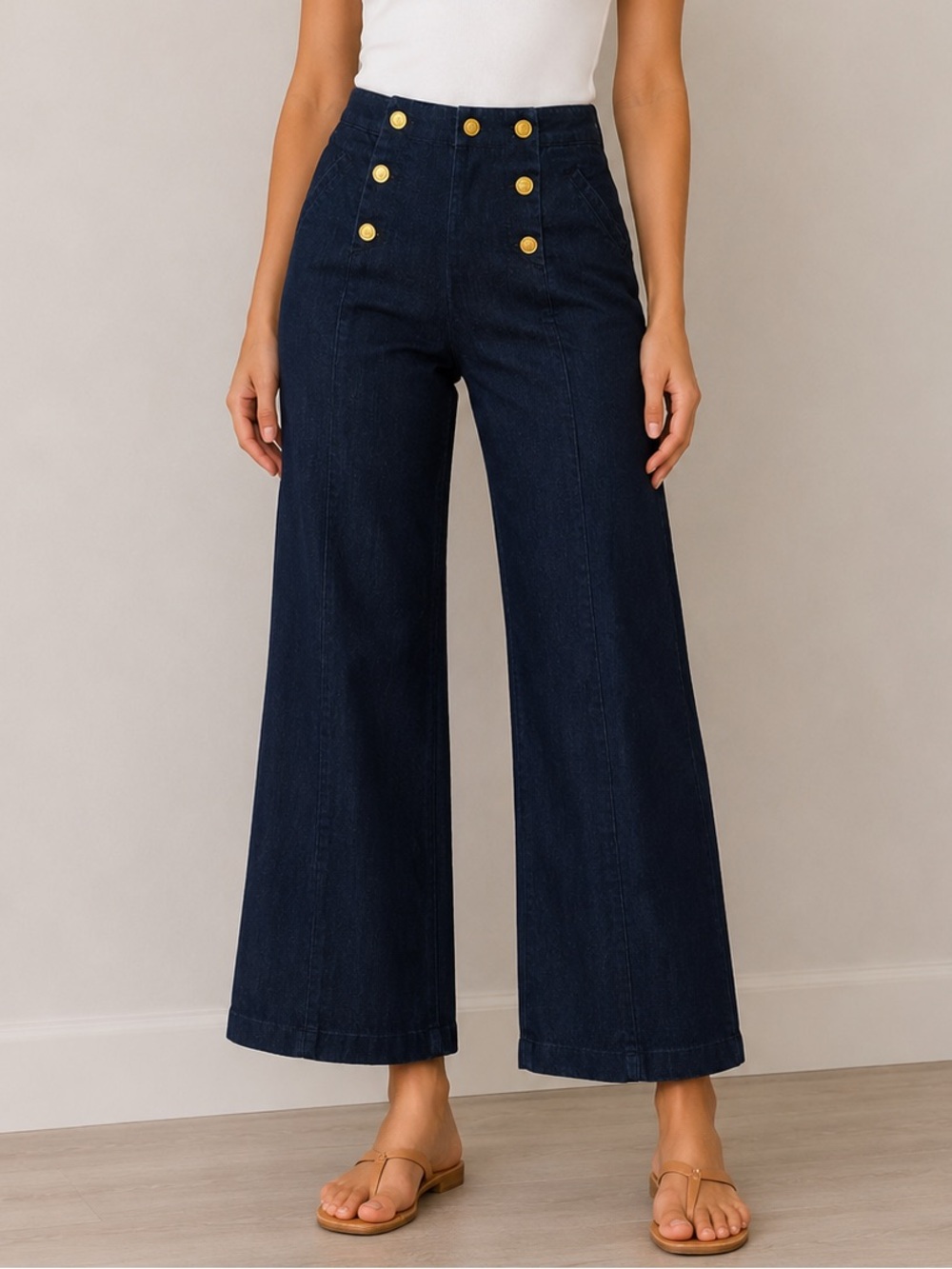 Kenar High Rise Sailor Button Cropped Wide Leg Jeans Size 6 Dark Wash